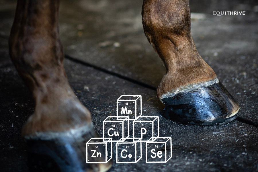 Close-up of horse hooves on a stable floor with illustrated mineral element blocks (Zn, Cu, Mn, Co, P, Se) & Equithrive brand