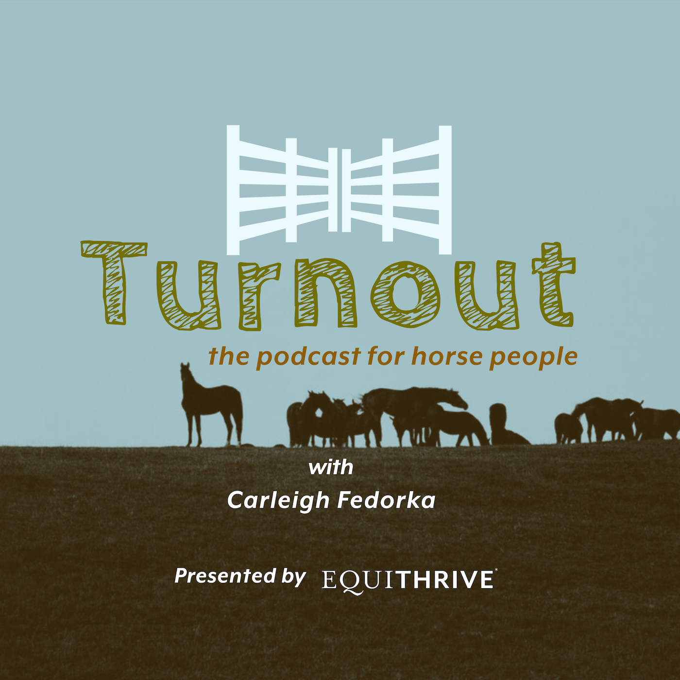 Turnout podcast cover with horses grazing, hosted by Carleigh Fedorka and presented by Equithrive.
