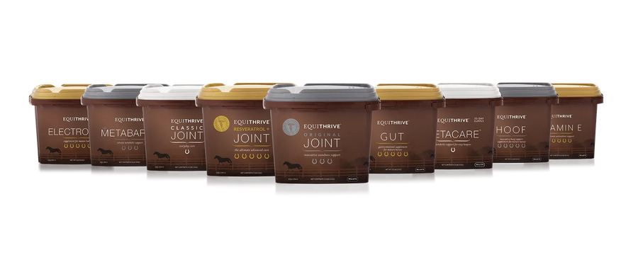 Equithrive horse supplement lineup featuring electrolyte, joint, gut, hoof, metabolic, and vitamin E formulas.