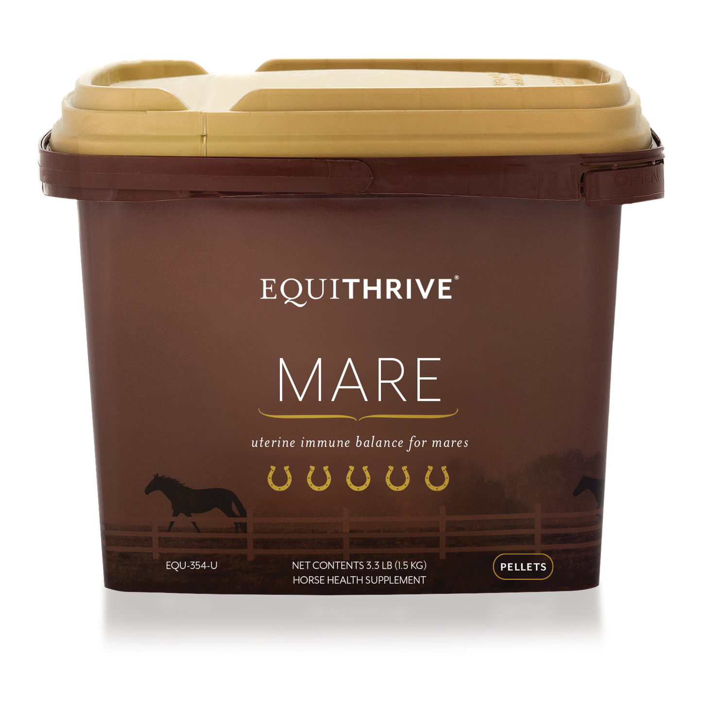 Front of Equithrive Mare pellets container for uterine immune balance in mares, with brown tub and gold lid.