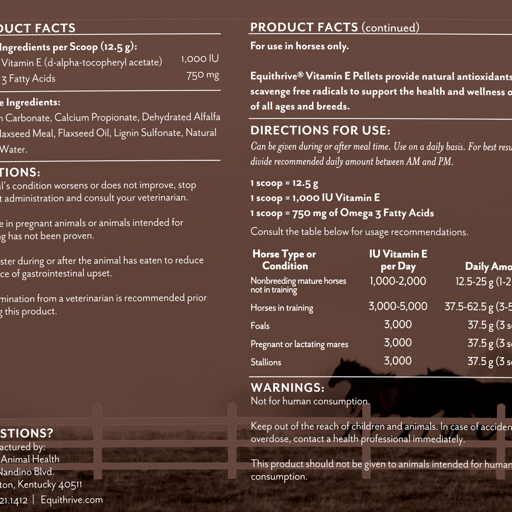 
                  
                    Equithrive Vitamin E Pellets label showing ingredients, usage directions, and dosage for supporting horse health & wellness.
                  
                